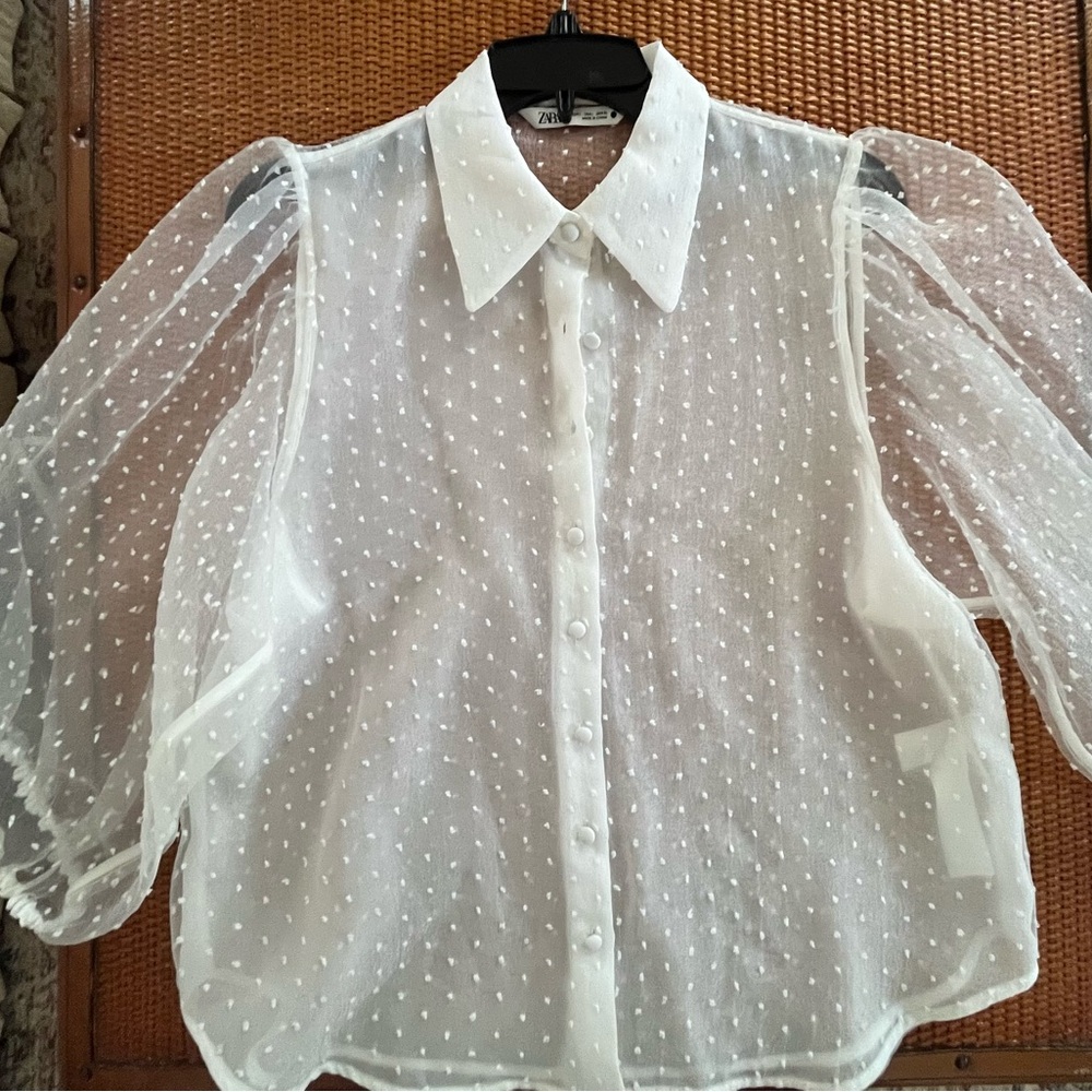 ZARA Mesh Polkadot Puff Sleeve White Collard Shirt, size Large